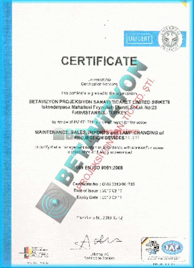 Unicert ISO 9001 sertifikası – Projeksiyon cihazlarının bakım, satış, onarım ve lamba değişimi