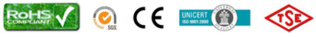 RoHS, SGS, CE, Unicert ISO 9001 ve TSE